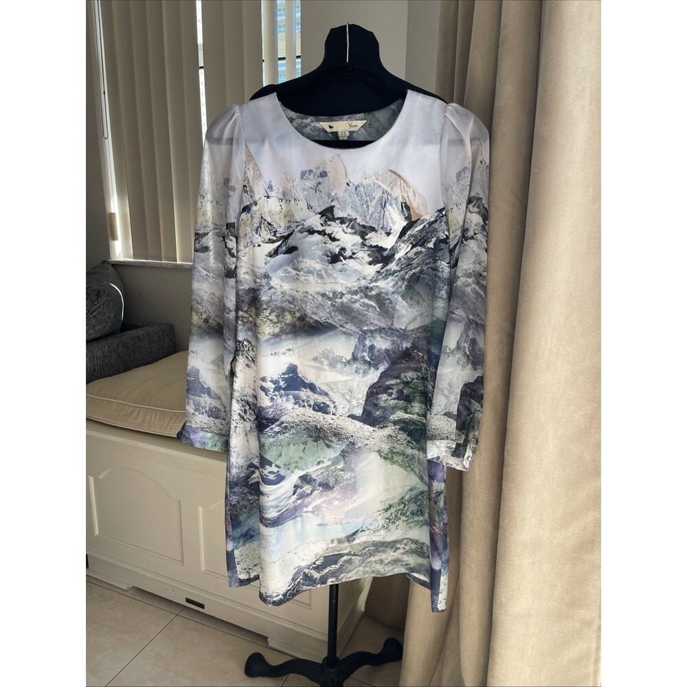 YUMI Mountain Print DRESS Sheer Sleeve Small